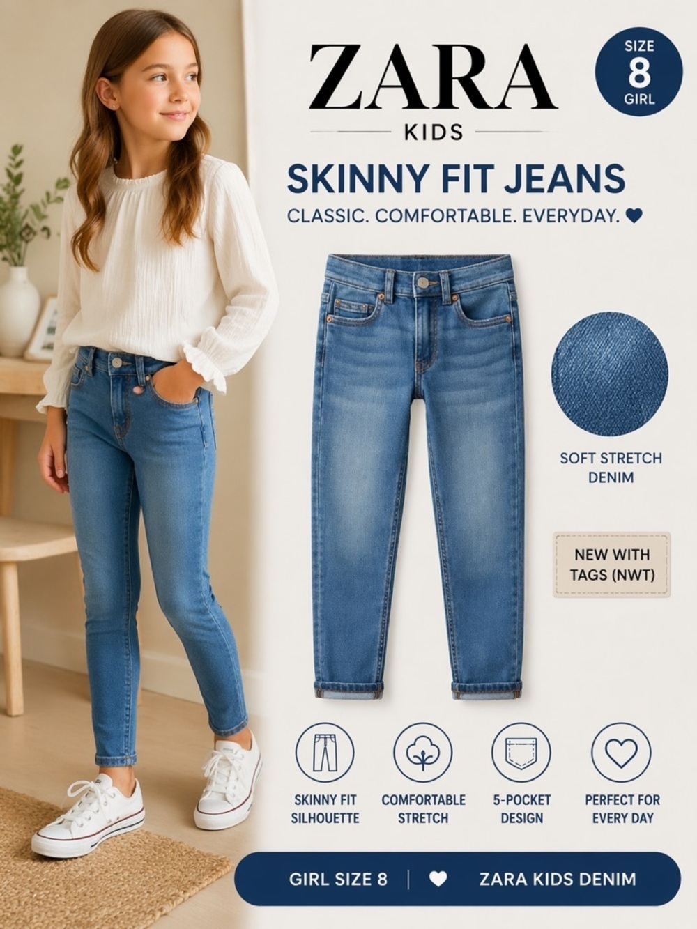 ZARA Kids Blue Skinny Fit Jeans NWT Girl Size 8 Stretch Denim